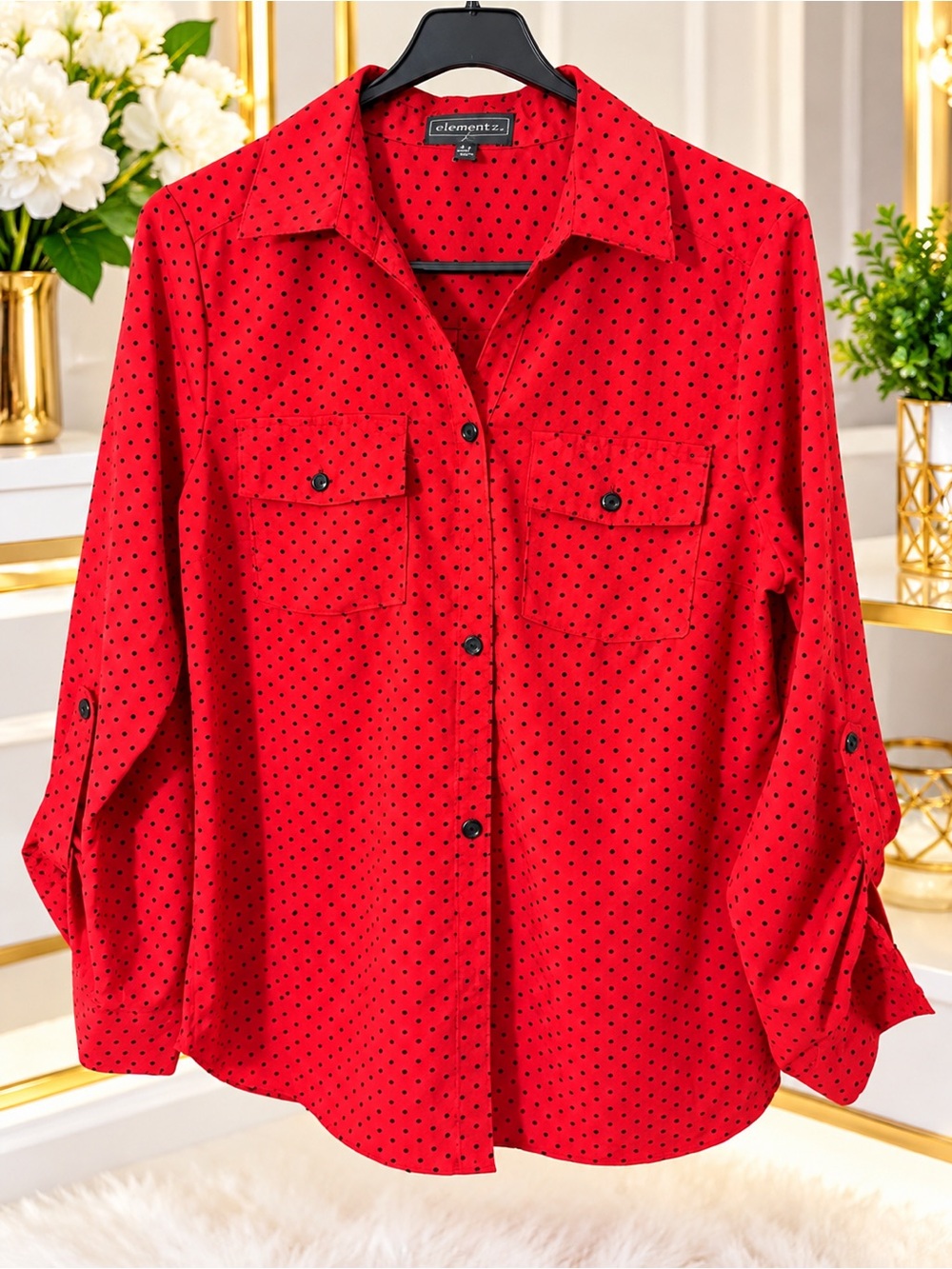 Elementz Red Button-Down Shirt with Black Polka Dots